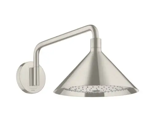 Edelstahl Duschelement von AXOR mit schwenkbarem Arm und konischer Kopfbrause. Die Oberfläche ist in Edelstahl-Optik gestaltet.
